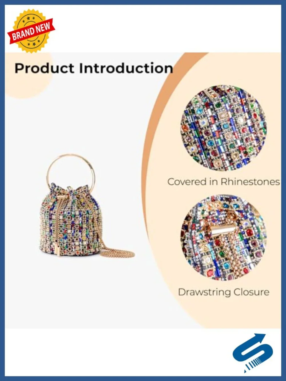 Crystal Rhinestone Embellished Bucket Bag with Ring Handle, Gold Chain Strap,